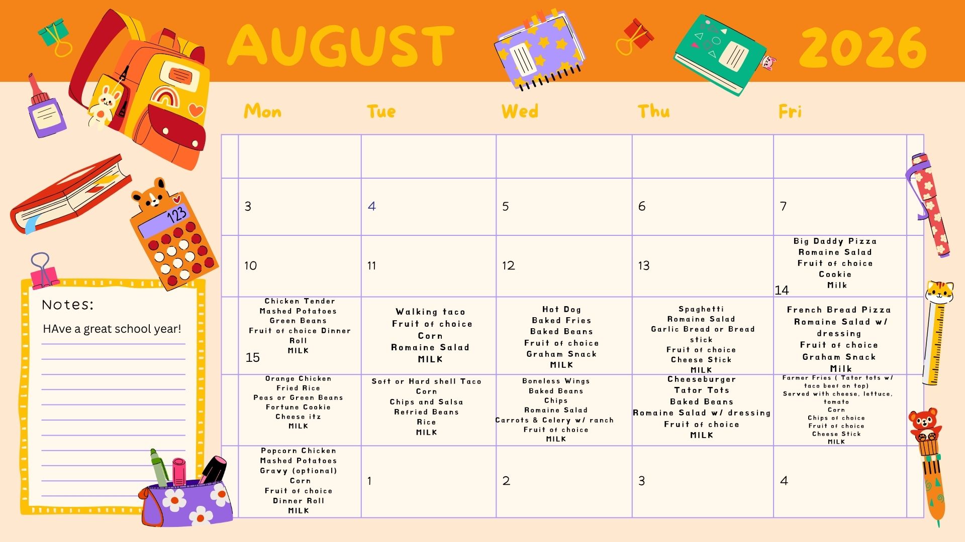photo of lunch menu for the month of august 2026